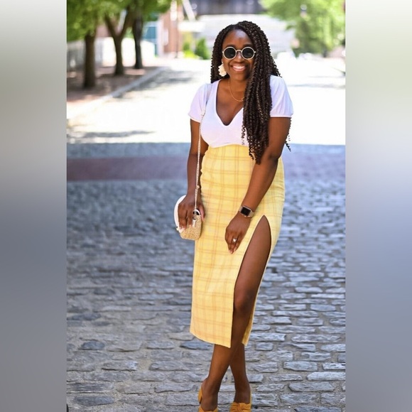 Zara Yellow Plaid Midi Slit Skirt Size L - Picture 6 of 13